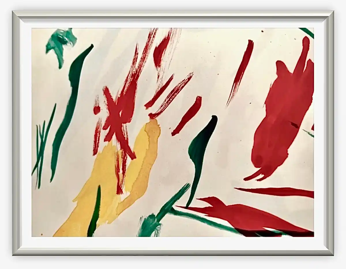 Abstrakte Kindermalerei mit unterschiedlich angeordneten Flächen und Strichen in grün, rot und gelb, auf beigem Grund, farblich an Tulpen erinnernd.