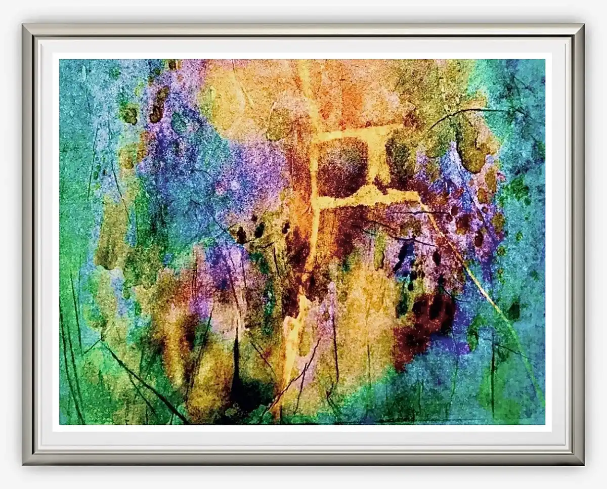 Dynamisch abstrakte, aquarellartige Komposition von vielfältigen Flächen, Strukturen und Linien, farblich dominierend in grün, gelb und violett gehalten.