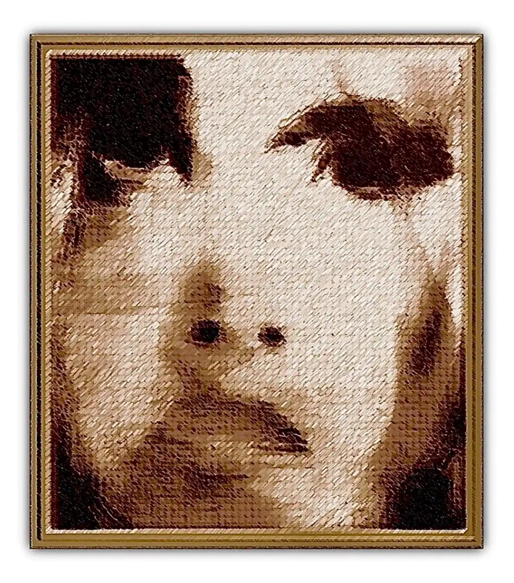 Dezent verwischtes Gesichtsporträt einer jungen Frau, sepia-braun getönt, auf grob strukturiertem Papier.