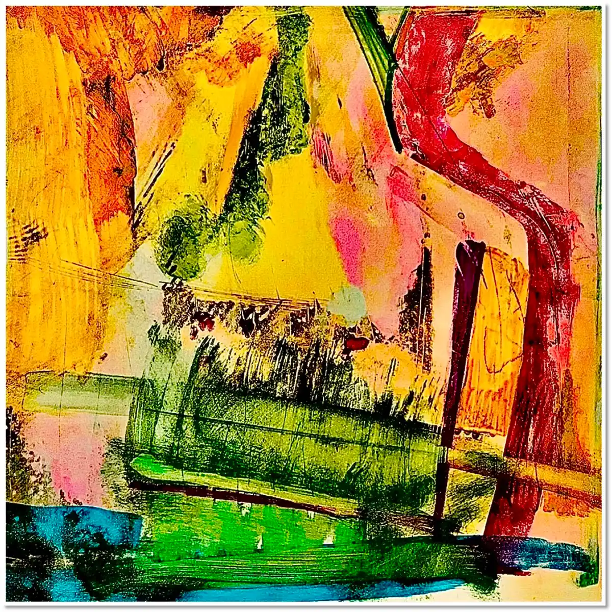 Expressive Darstellung unterschiedlicher Strukturen und Flächen in gelber, grüner orange-roter sowie blauer akzentuierender Farbgebung.