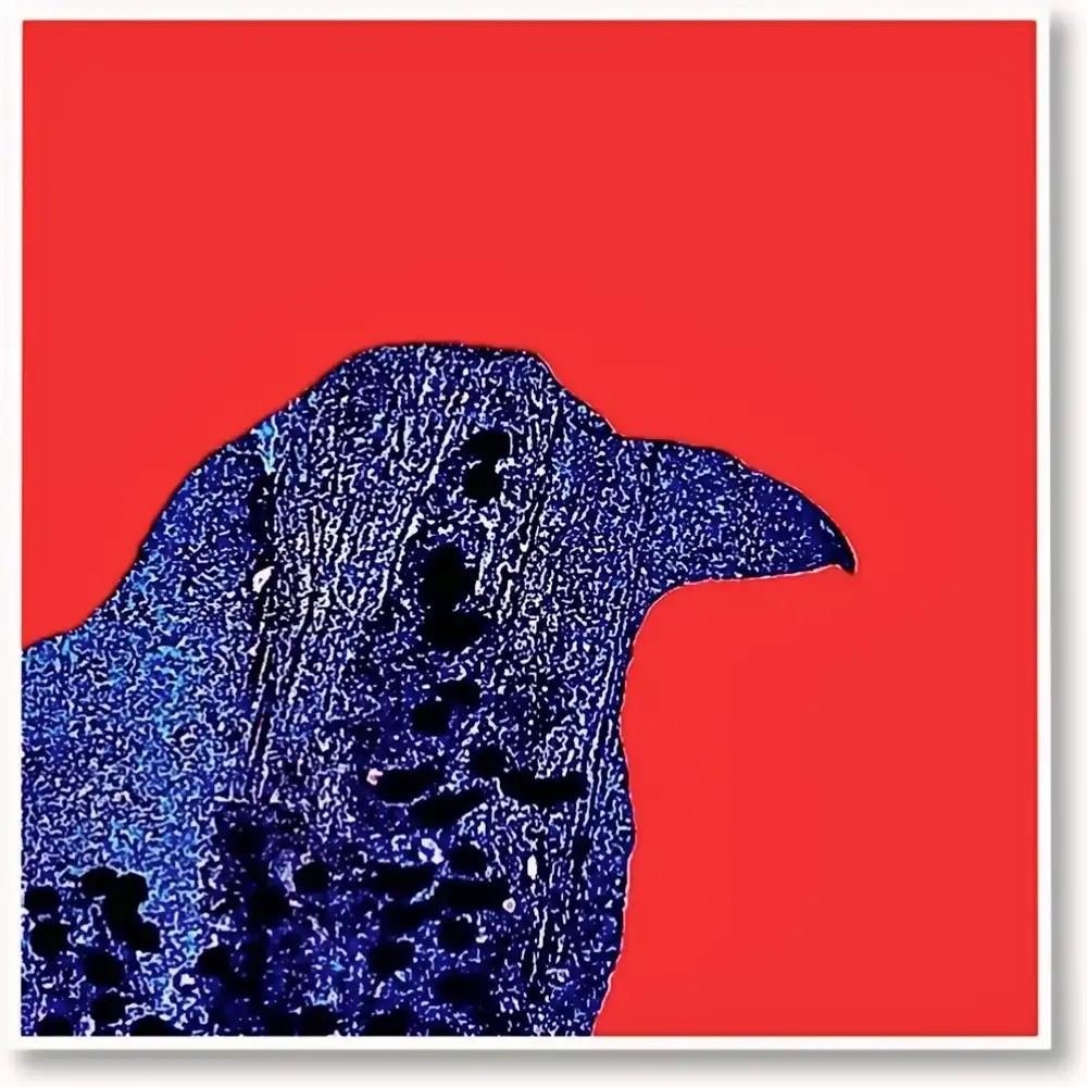 Abstrakte, schraffierte und getupfte Darstellung eines blau-farbigen, nach rechts gerichteten Vogelkopfes vor leuchtend-rotem Hintergrund.