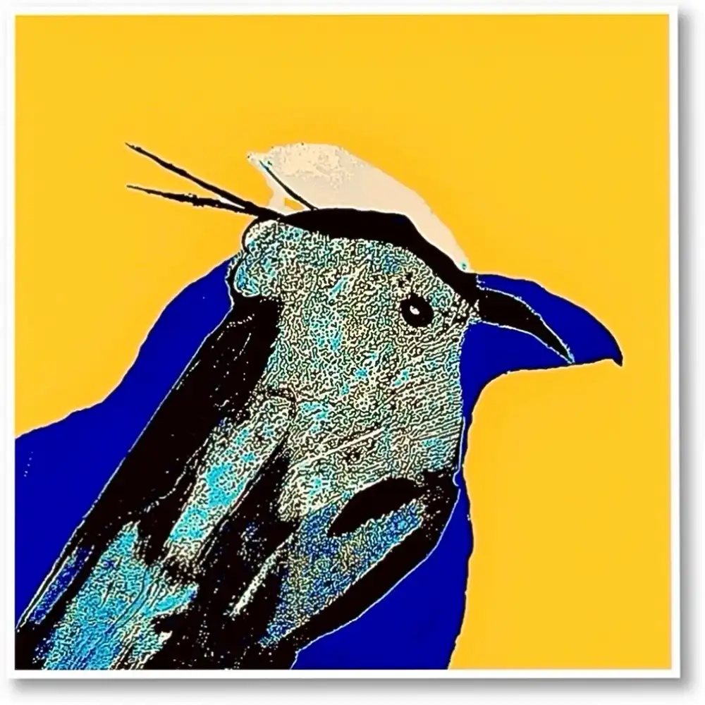 Darstellung eines in Himmelblau und Schwarz fein gezeichneten sowie nach rechts blickenden, prächtigen Vogels, mit großem blauen Schattenwurf, vor leuchtend-gelbem Hintergrund.