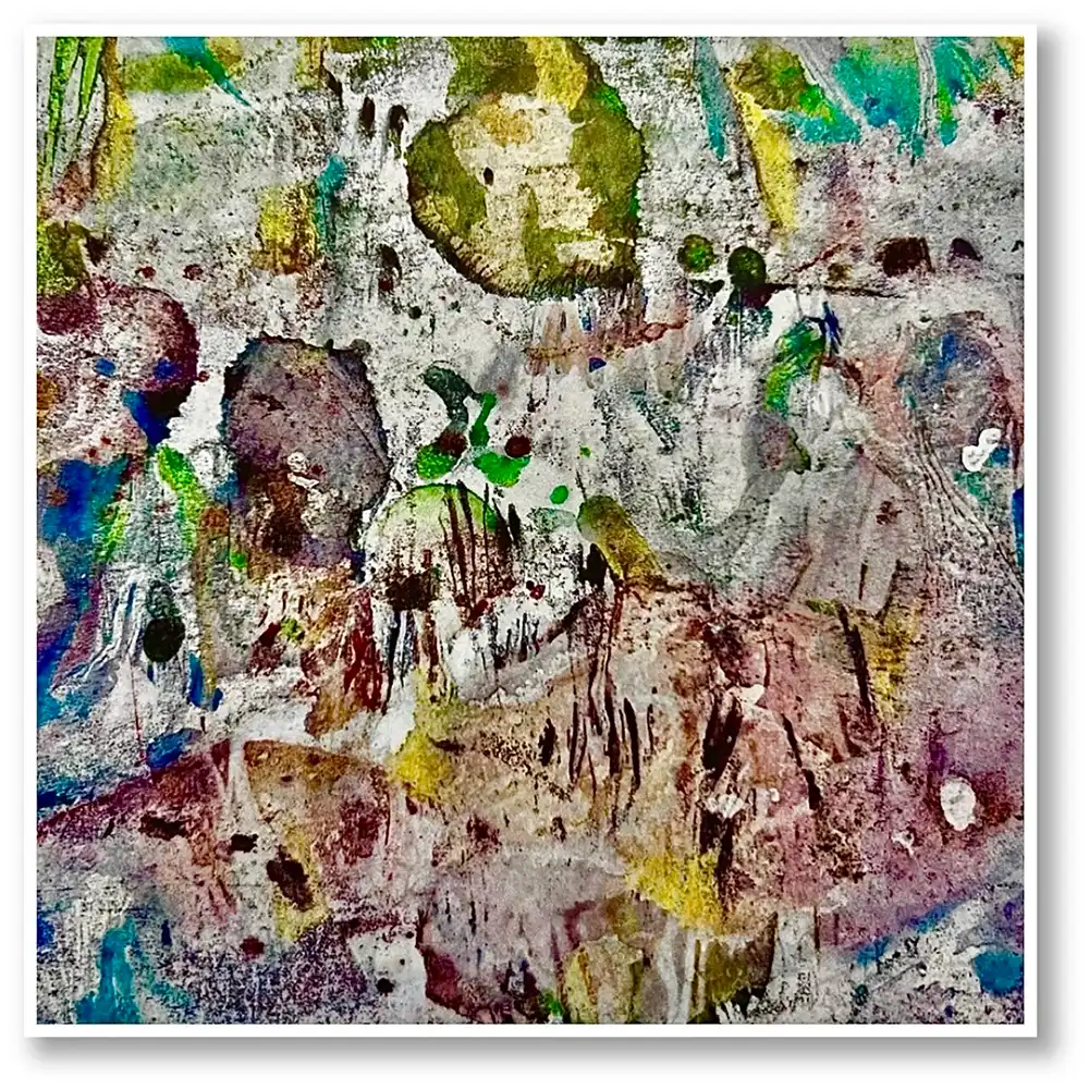 Darstellung verschiedenfarbiger, bunter und abgerundeter Formen sowie zapfenartiger, kleiner Strukturen, insbesondere violette, blaue und grüne, welche sich auf einer hellgrauen Fläche ungeordnet verteilen und scheinbar hin und her bewegen.